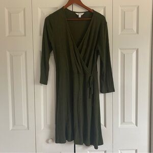 Market Spruce Wrap Dress Large Green Ribbed Mini Sweater